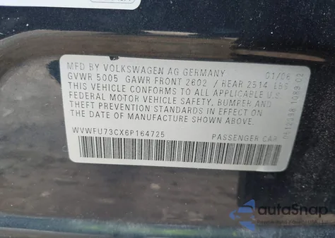 2006 Volkswagen Passat 3.6 z USA, uszkodzony, nr VIN WVWFU73CX6P164725
